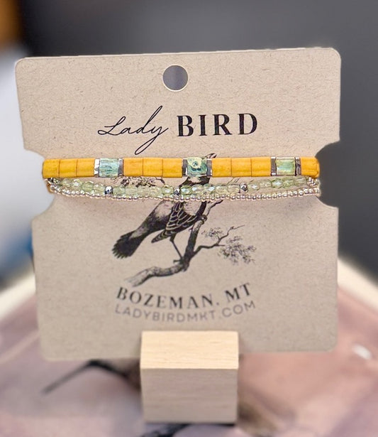 Sunflower & Mossy Green Tila Bead Stacked Bracelet Set | Handmade Boho Stretch Wrap in Silver or Gold