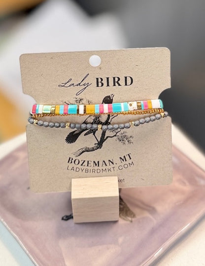 Beach Bum Color Mix with Steel Grey Stretchy Tila Bead Bracelet Set