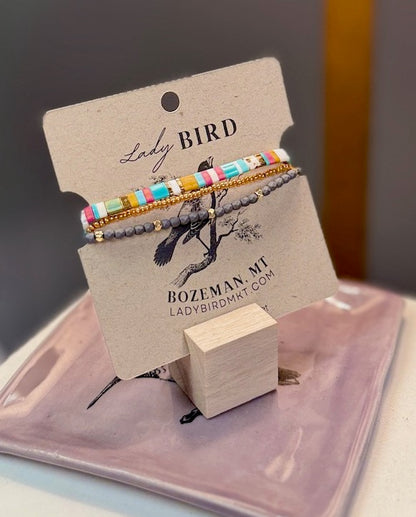 Beach Bum Color Mix with Steel Grey Stretchy Tila Bead Bracelet Set