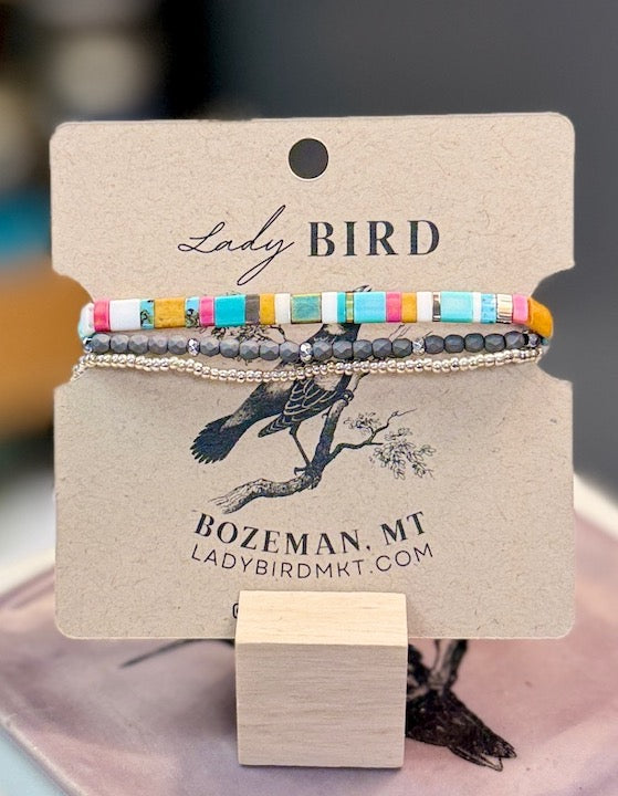 Beach Bum Color Mix with Steel Grey Stretchy Tila Bead Bracelet Set