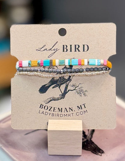 Beach Bum Color Mix with Steel Grey Stretchy Tila Bead Bracelet Set