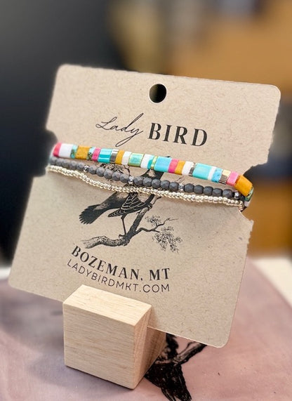 Beach Bum Color Mix with Steel Grey Stretchy Tila Bead Bracelet Set