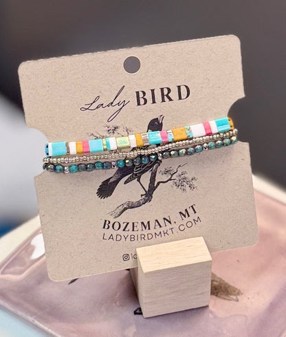 Beach Bum Color Mix with Dark Teal Green Stretchy Tila Bead Bracelet Set