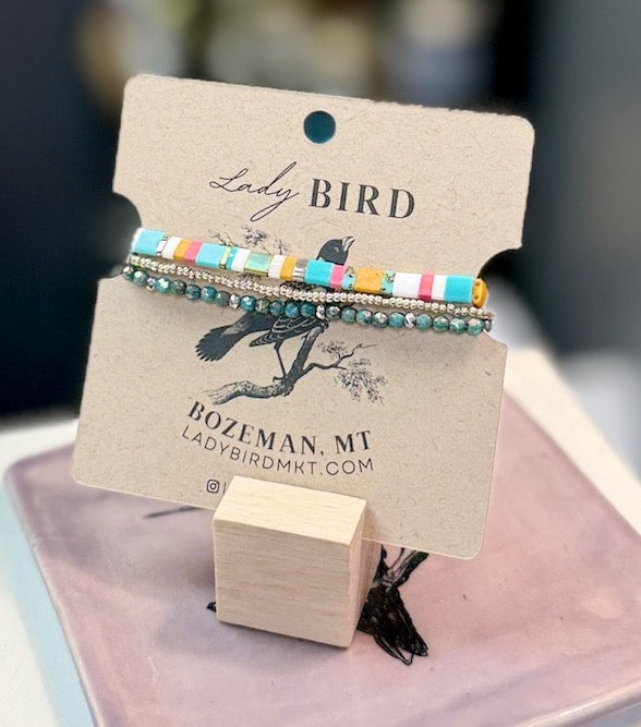 Beach Bum Color Mix with Dark Teal Green Stretchy Tila Bead Bracelet Set