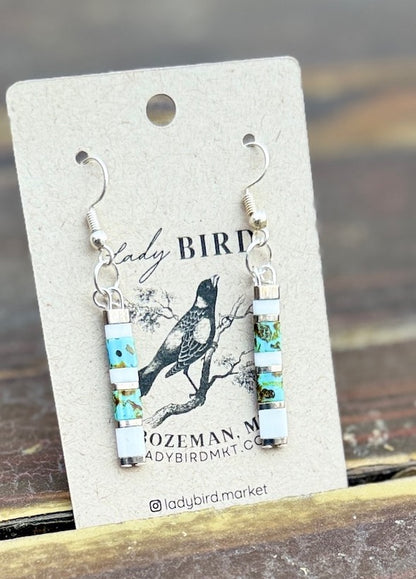 Speckled Turquoise & White Tila Bead Dangle Earrings