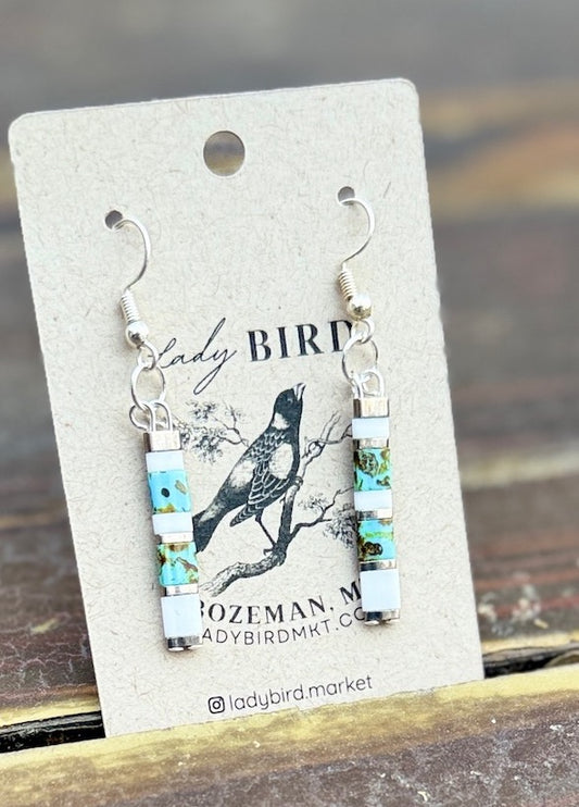 Speckled Turquoise & White Tila Bead Dangle Earrings