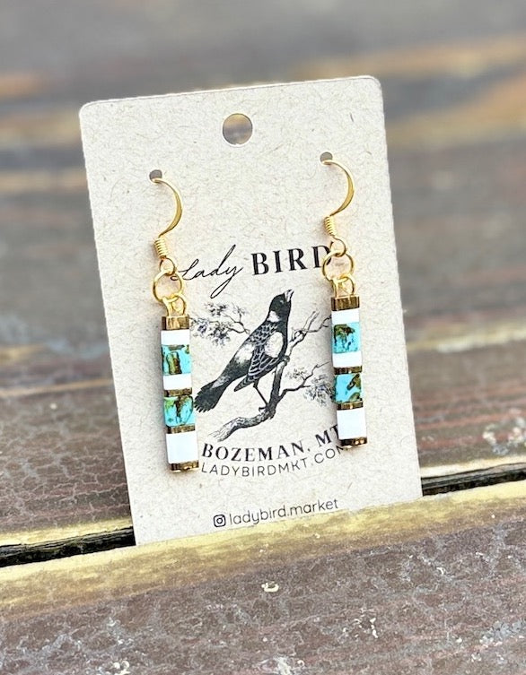 Speckled Turquoise & White Tila Bead Dangle Earrings
