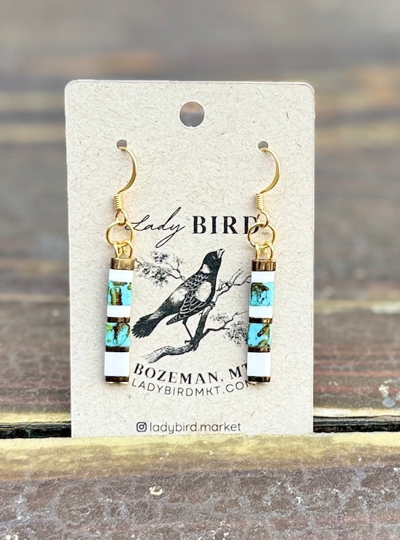 Speckled Turquoise & White Tila Bead Dangle Earrings