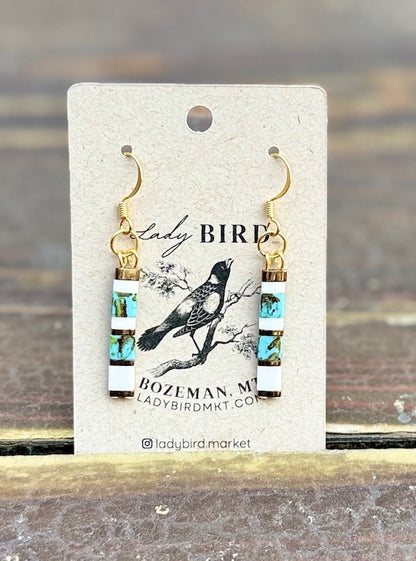 Speckled Turquoise & White Tila Bead Dangle Earrings