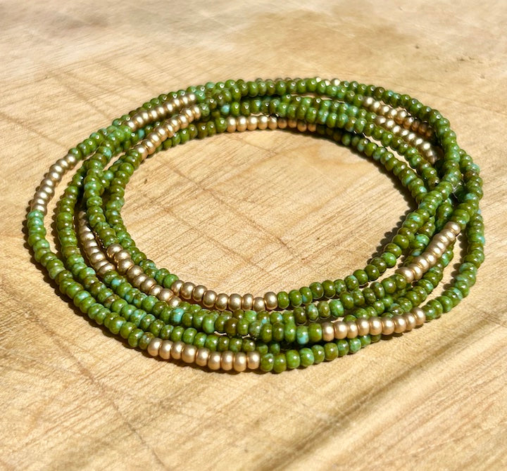 Hunter Green & Gold-Striped Beaded 5-Wrap Boho Stacked Bracelet