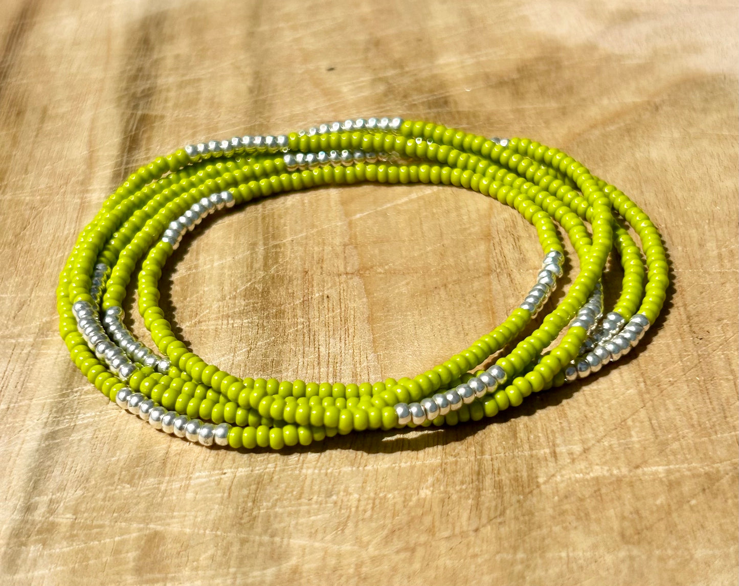 Lime Green Silver-Striped Beaded 5-Wrap Bracelet