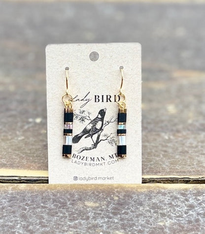 Jet Black Tila & Sleek Shiny Grey Tila Bead Dangle Earrings