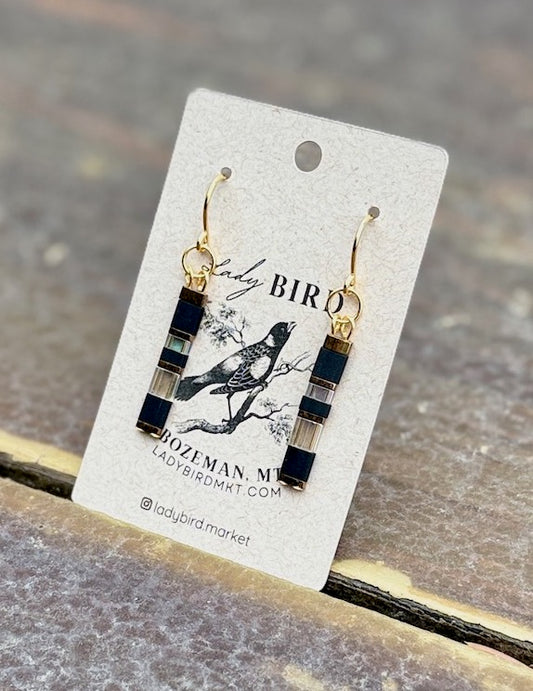 Jet Black Tila & Sleek Shiny Grey Tila Bead Dangle Earrings