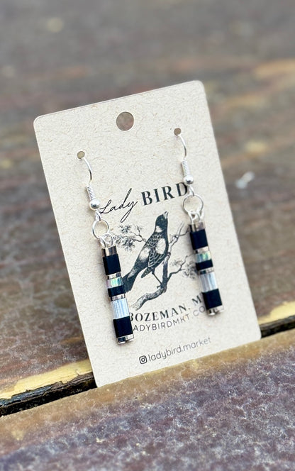 Jet Black Tila & Sleek Shiny Grey Tila Bead Dangle Earrings