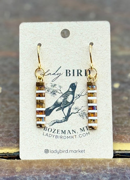 Hazy Amber & White Stripes Tila Bead Dangle Earrings | Handmade Boho Jewelry