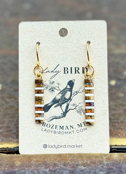 Hazy Amber & White Stripes Tila Bead Dangle Earrings | Handmade Boho Jewelry