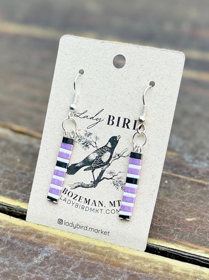 Shiny Lilac & White Stripes Tila Bead Dangle Earrings | Handmade Boho Jewelry