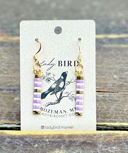 Shiny Lilac & White Stripes Tila Bead Dangle Earrings | Handmade Boho Jewelry
