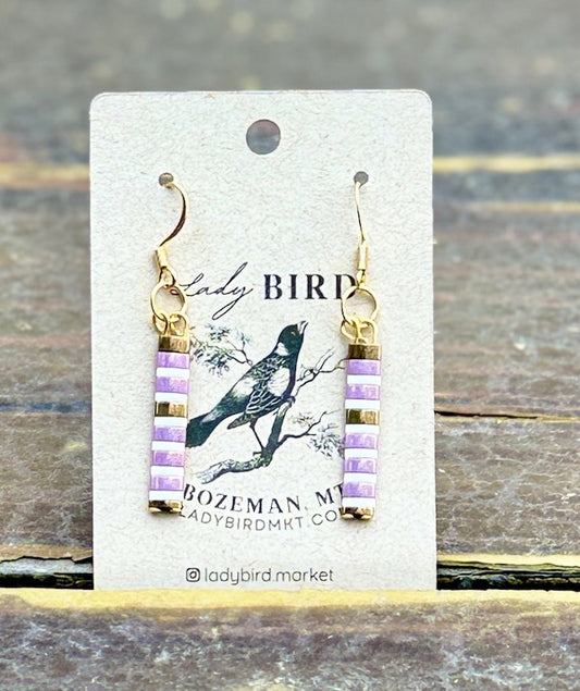 Shiny Lilac & White Stripes Tila Bead Dangle Earrings | Handmade Boho Jewelry
