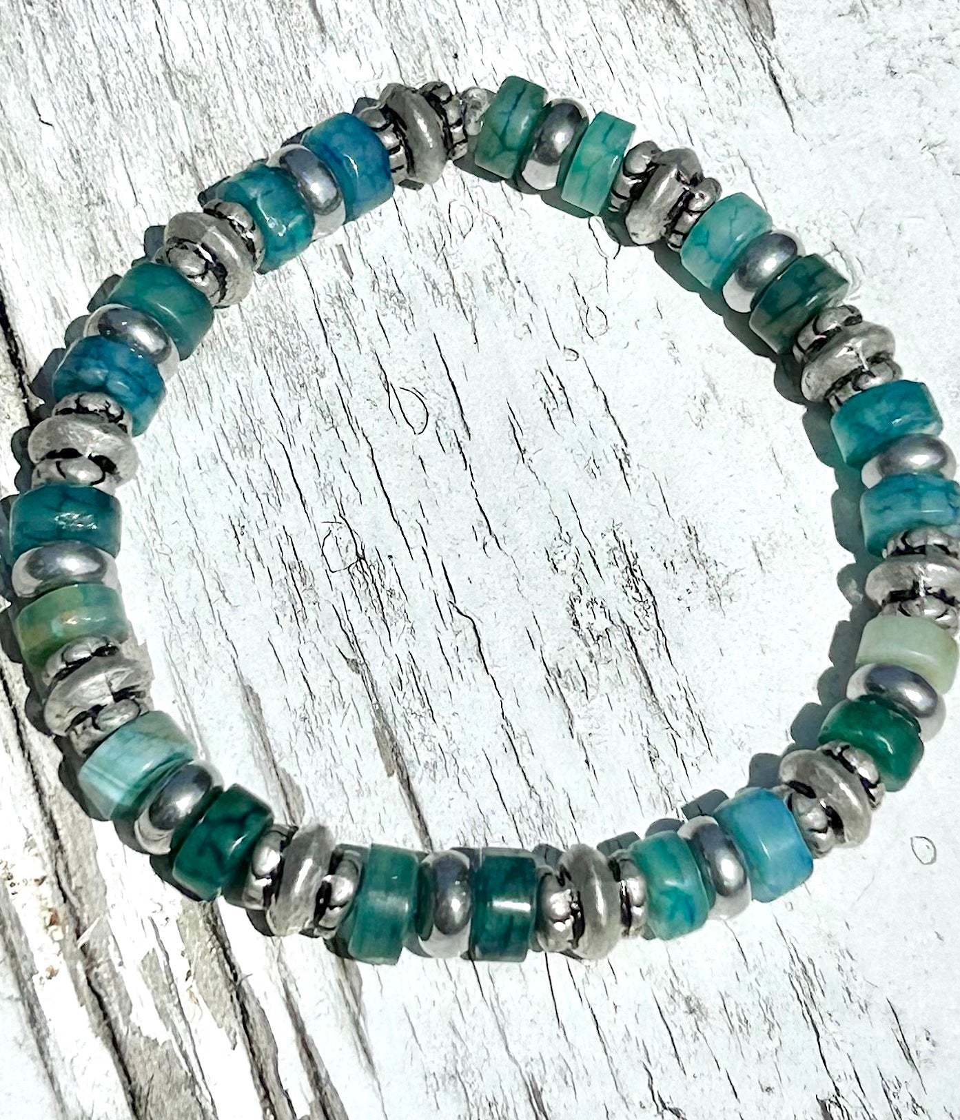 Green Agate & Silver Stretchy Beaded Bracelet