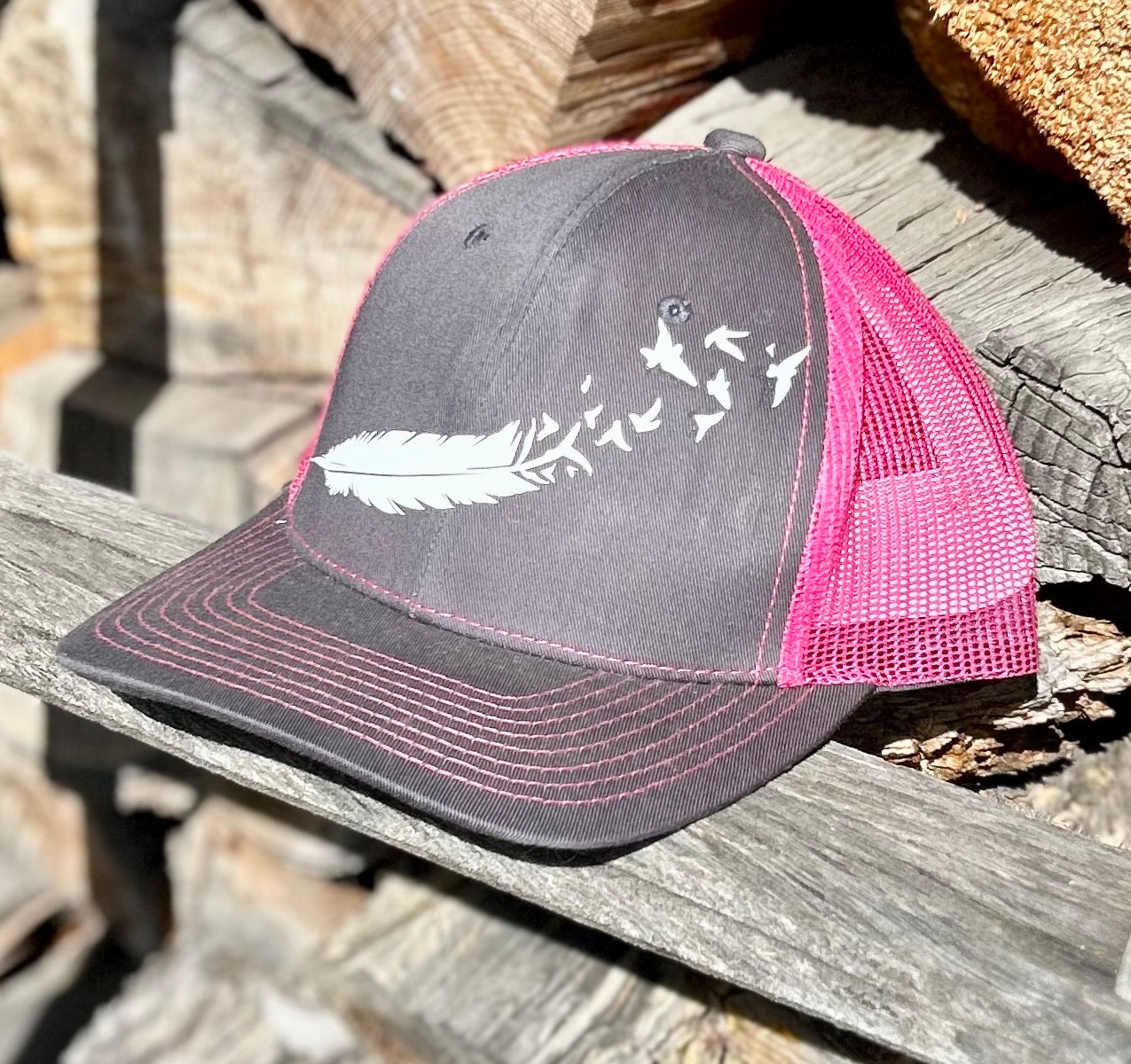 Pink & Grey Feather Bird Burst Trucker Hat