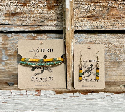 Sunflower & Moss Green Tila Bead Stacked Bracelet Set | Handmade Boho Stretch Wrap in Silver or Gold