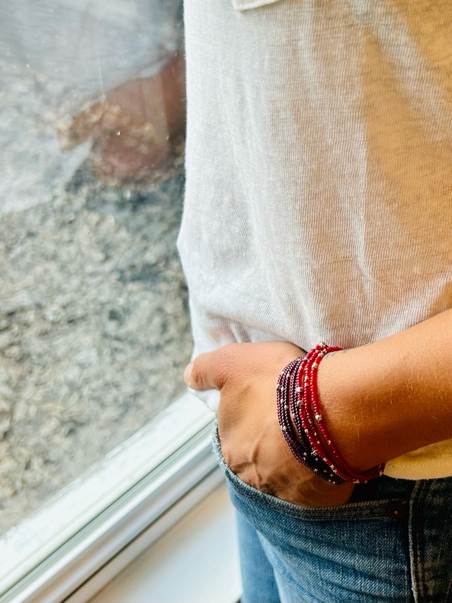 Double-Up 2-Piece Silver-Sprinkle Beaded 8-Wrap Bracelet