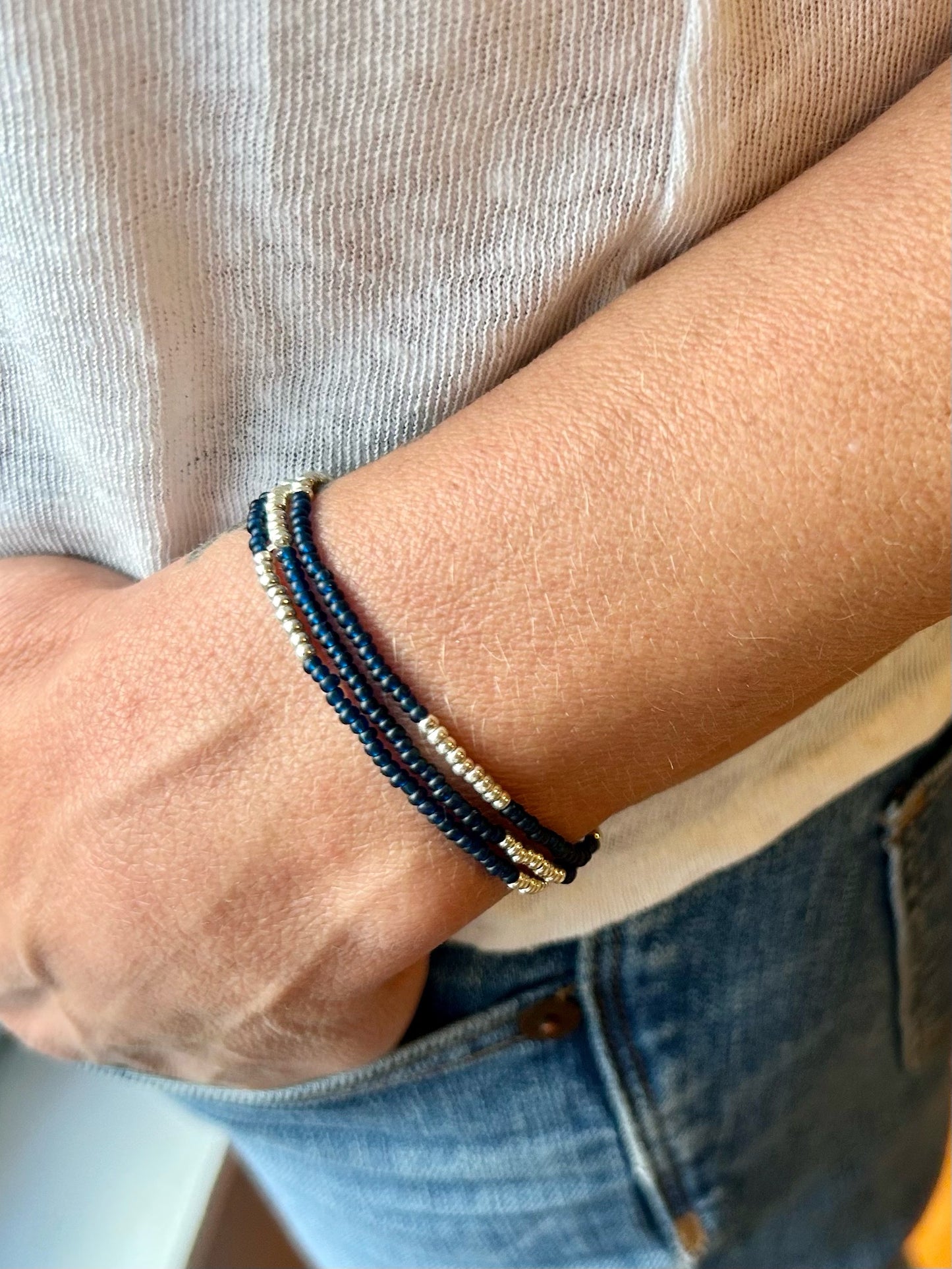 Navy Blue Silver-Striped Beaded 3-Wrap Bracelet