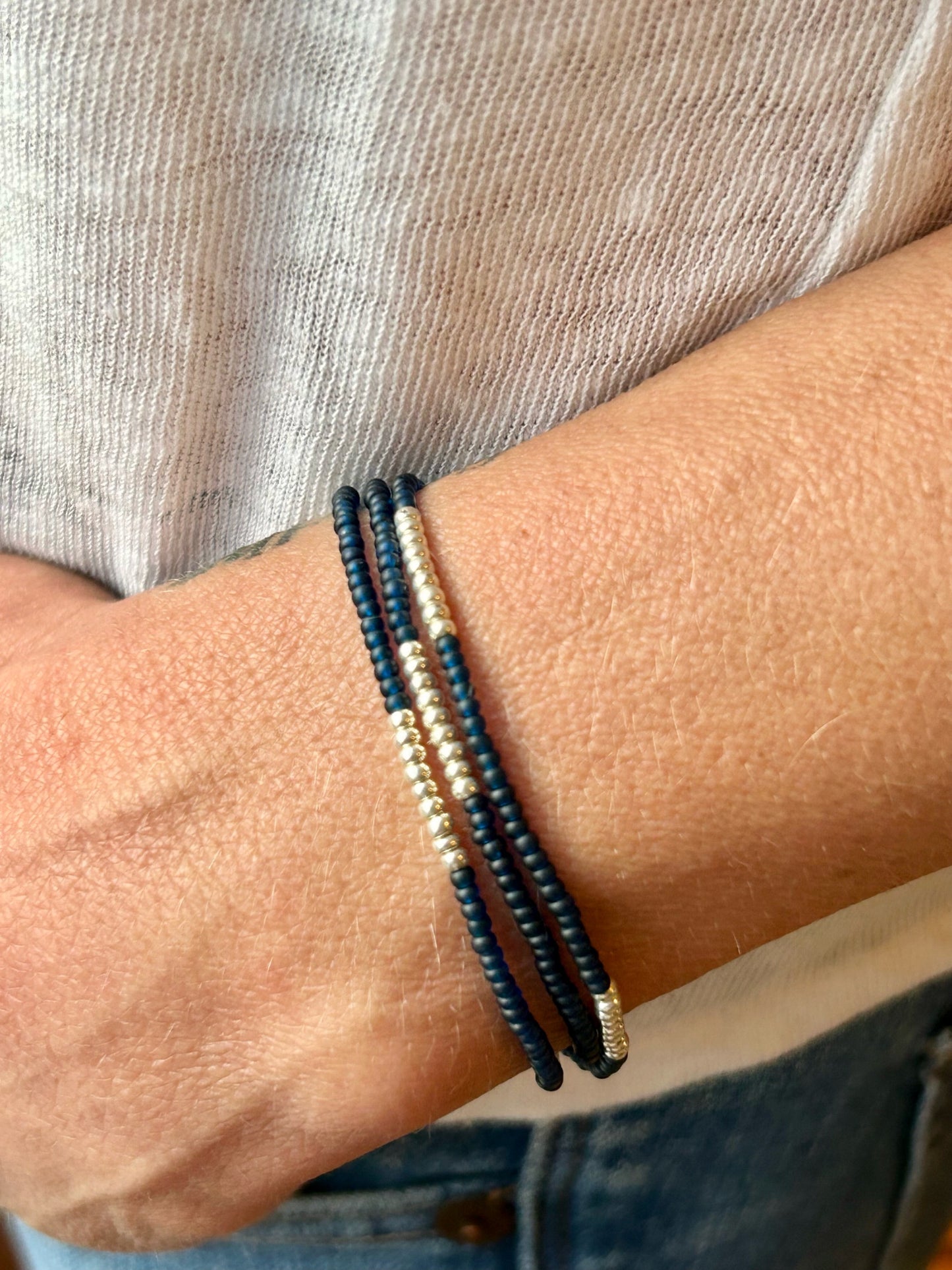 Navy Blue Silver-Striped Beaded 3-Wrap Bracelet