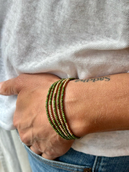 Hunter Green & Gold-Striped Beaded 5-Wrap Boho Stacked Bracelet