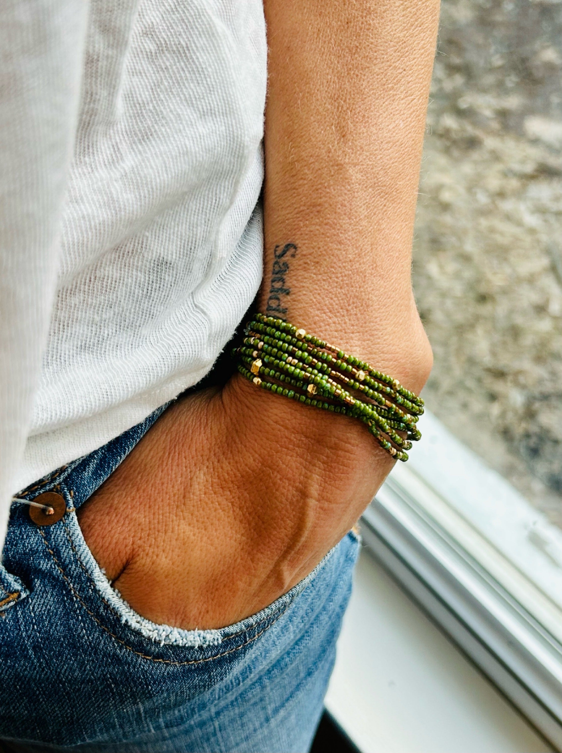 Green and Gold Heart Five Wrap Beaded popular Leather Bracelet Boho Sundance Style