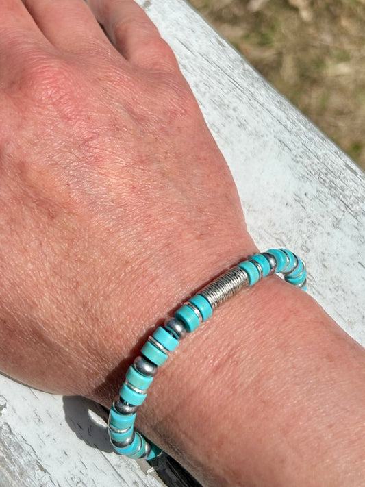 Turquoise & Silver Stretchy Beaded Bracelet