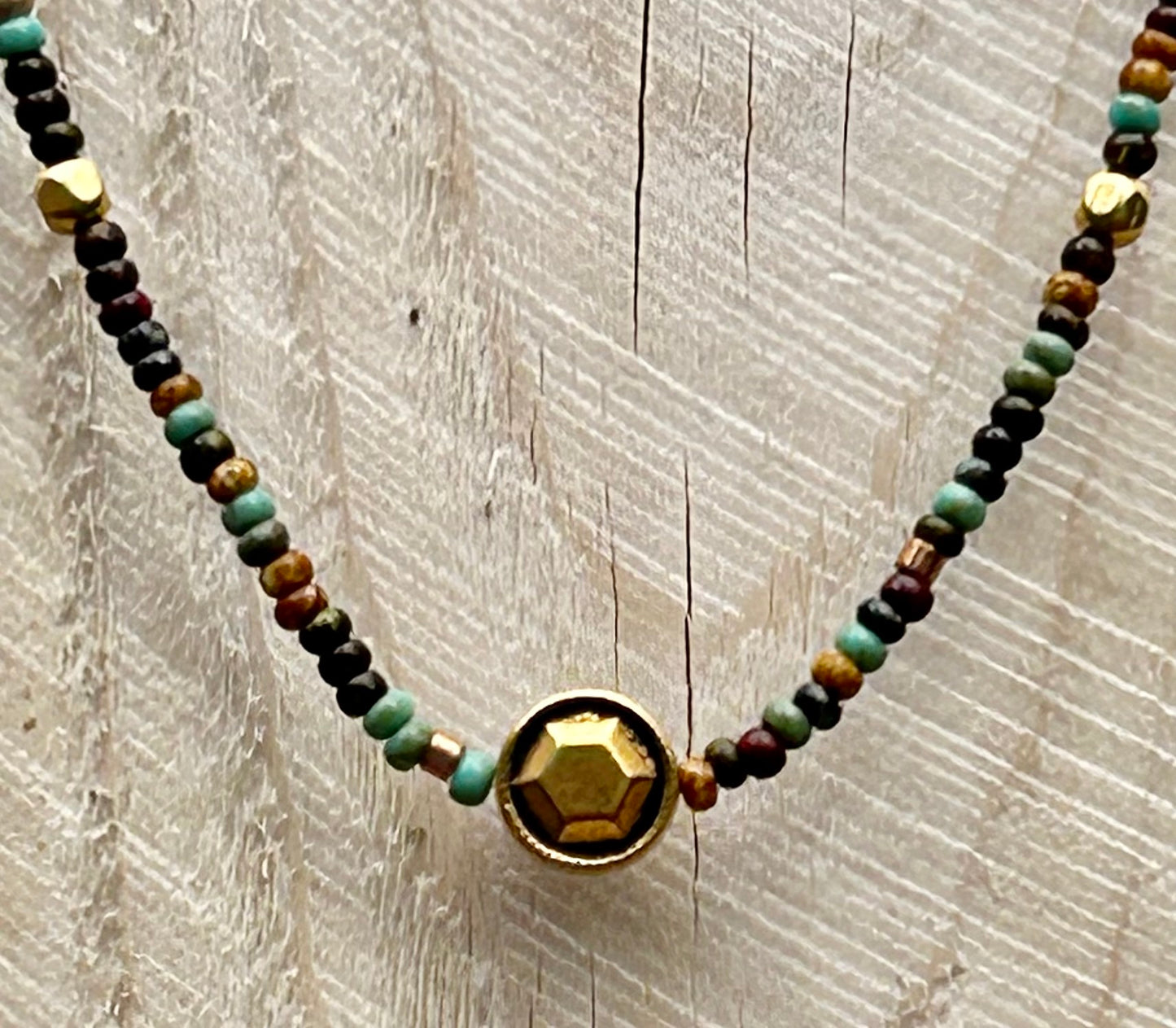 Brown, Green & Gold All Over II Seed Bead Boho Necklace