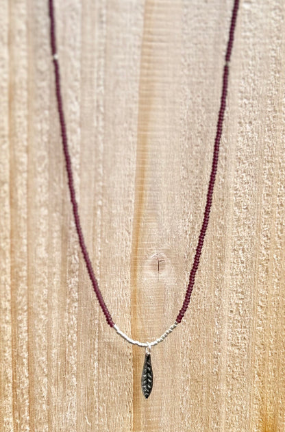 Dark Purple Boho Seed Bead Necklace & Feather Pendant