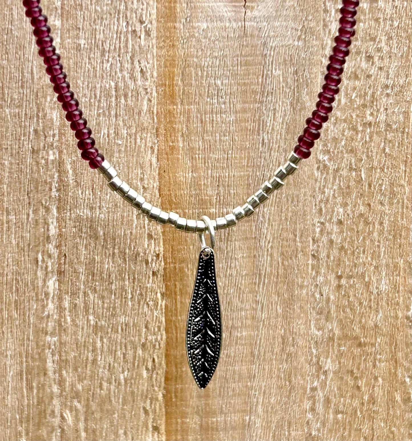 Dark Purple Boho Seed Bead Necklace & Feather Pendant