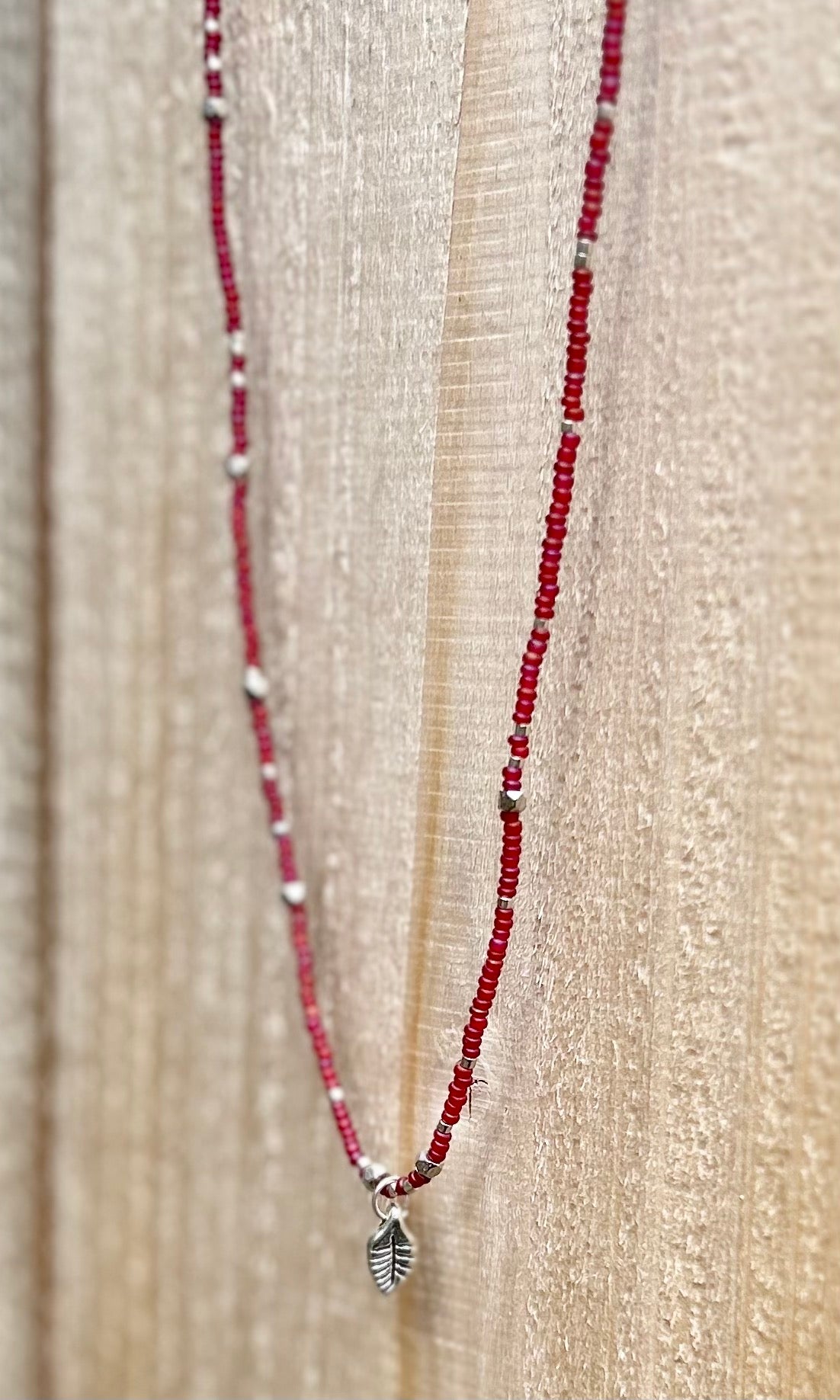 Magenta Seed Bead Boho Necklace with Silver Leaf Charm