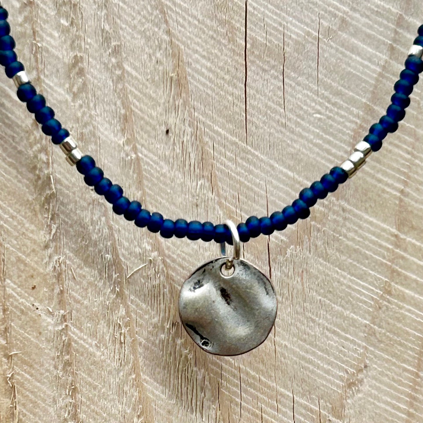 Navy Blue Boho Seed Bead Necklace with Silver & Coin Charm