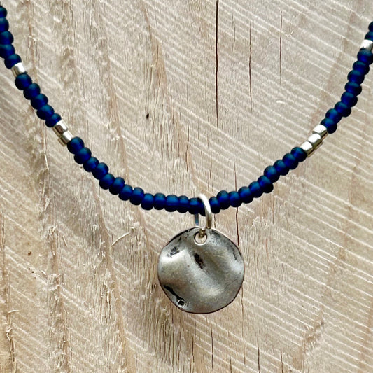 Navy Blue Boho Seed Bead Necklace with Silver & Coin Charm