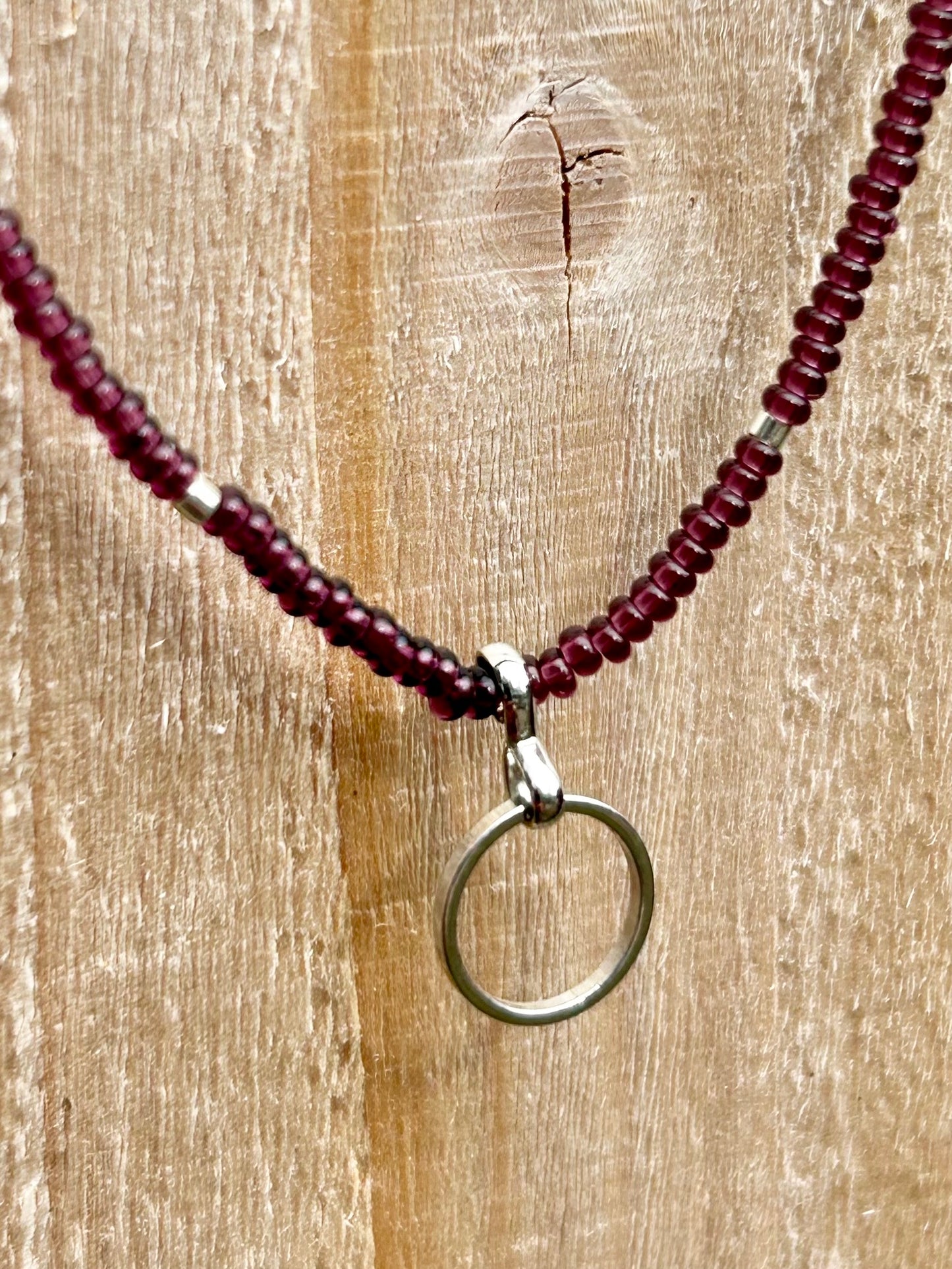 Deep Purple Boho Seed Bead Necklace with Silver & Circle Charm