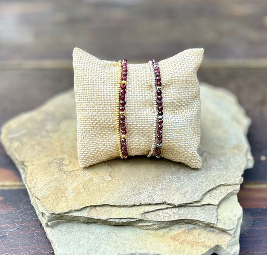 Garnet Red with Gold or Silver Stretchy Gemstone Wrap Bracelet