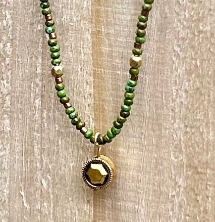 Brown, Green & Gold All Over Seed Bead Boho Necklace