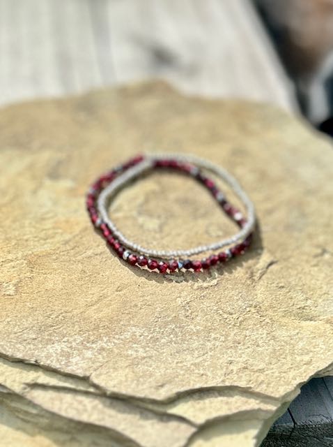 Garnet Red with Gold or Silver Stretchy Gemstone Wrap Bracelet