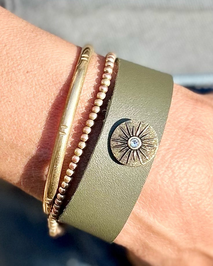 Olive Green Leather Cuff with Bronze Star