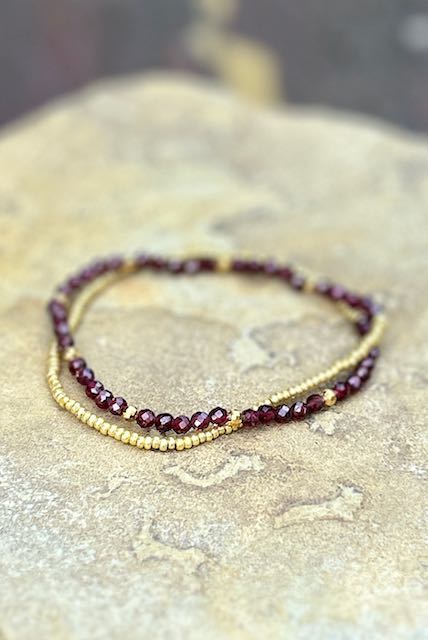 Garnet Red with Gold or Silver Stretchy Gemstone Wrap Bracelet