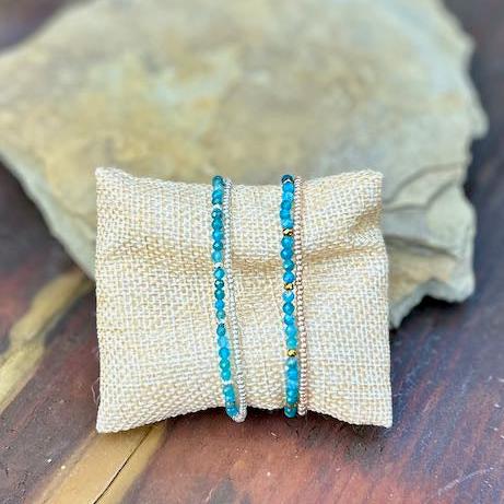 Blue Apatite with Gold or Silver Stretchy Gemstone Wrap Bracelet