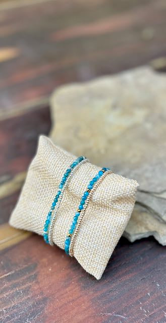 Blue Apatite with Gold or Silver Stretchy Gemstone Wrap Bracelet