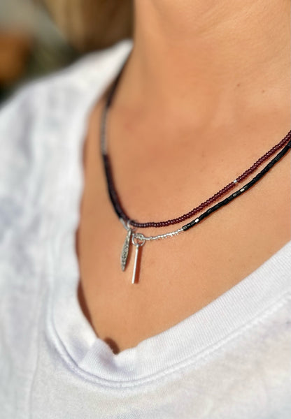 Dark Purple Boho Seed Bead Necklace & Feather Pendant