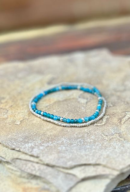 Blue Apatite with Gold or Silver Stretchy Gemstone Wrap Bracelet