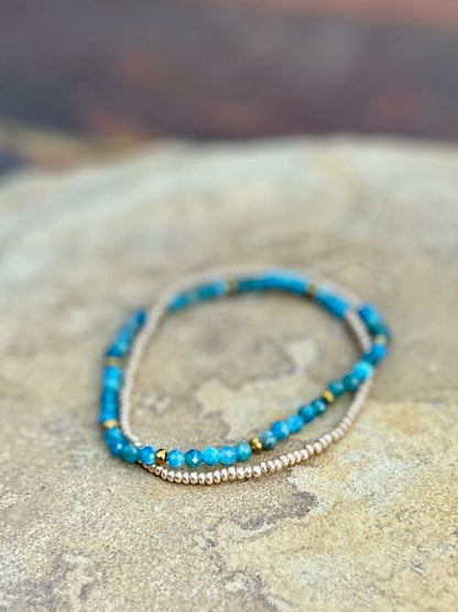 Blue Apatite with Gold or Silver Stretchy Gemstone Wrap Bracelet