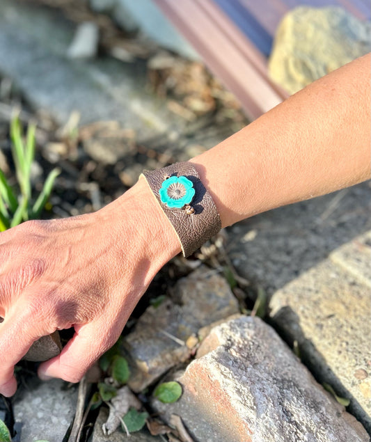 Brown Leather Cuff with Turquoise Flower